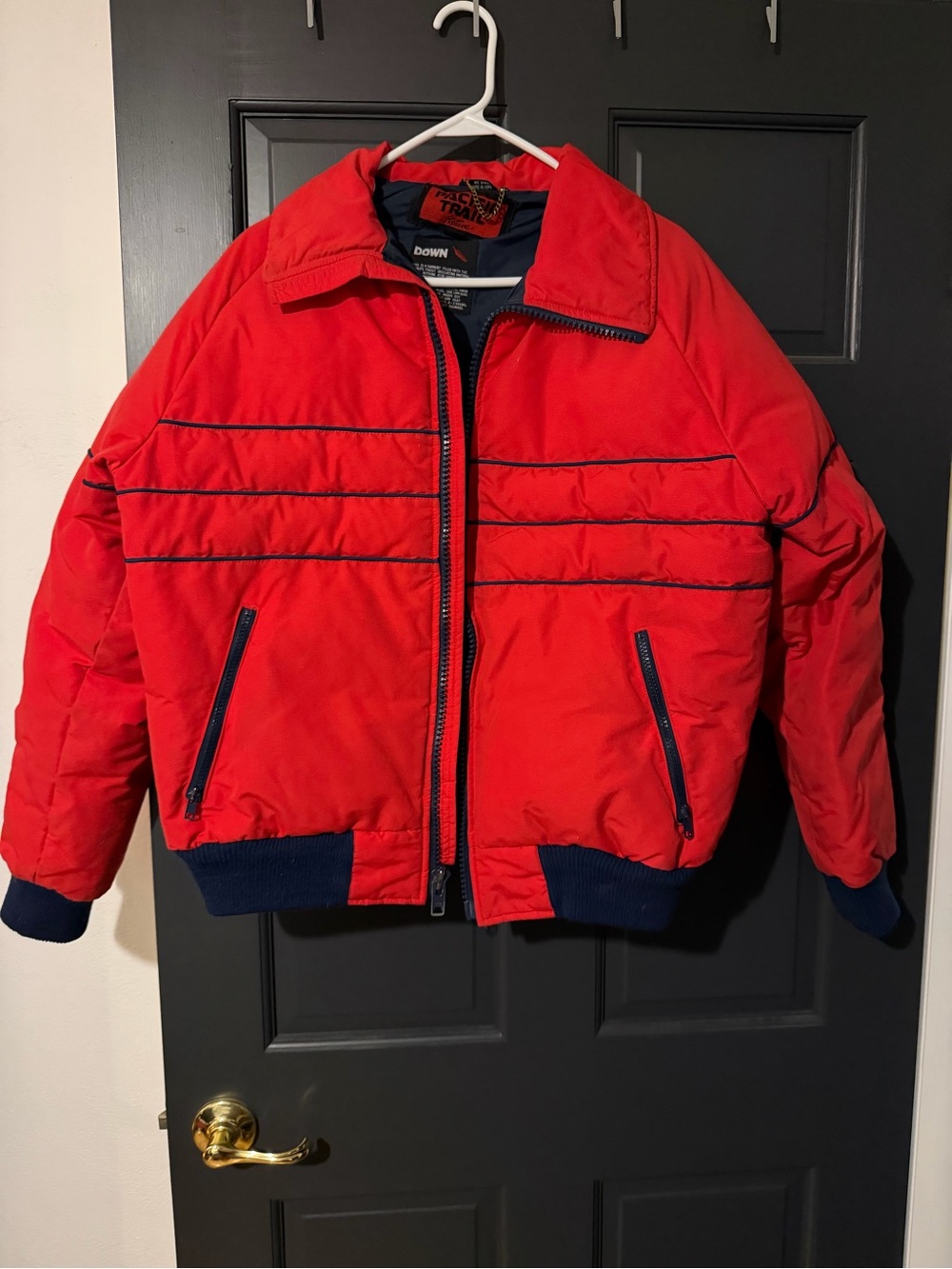 Vintage Pacific Trail Red Puffer Jacket with Navy Trim